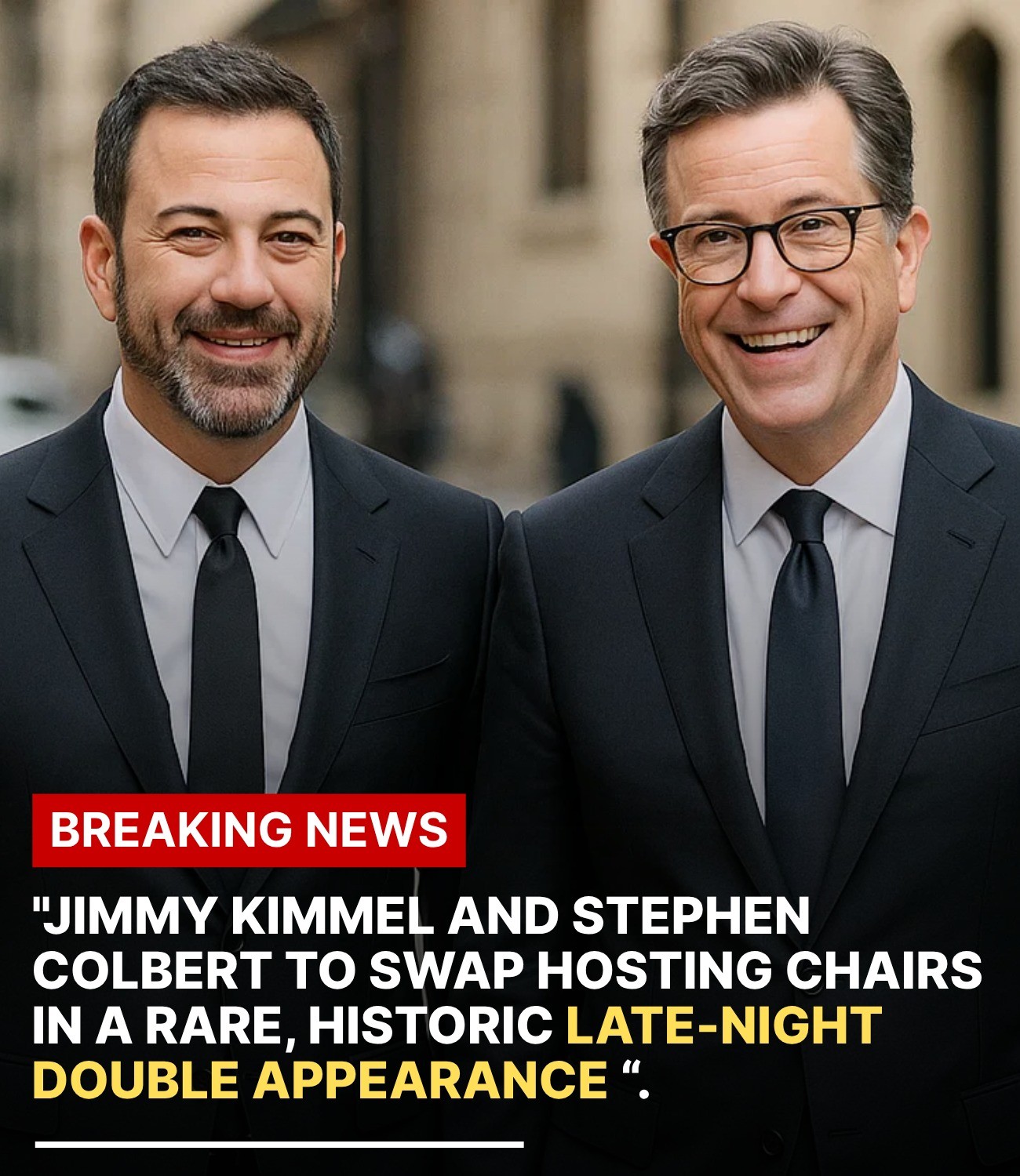 🔥 LATE-NIGHT SHAKE-UP: Jimmy Kimmel and Stephen Colbert to SWAP SHOWS in a Historic TV Crossover — Both Hosting AND Guest-Starring on the Same Night!