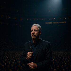 Jon Stewart stands beneath the lights of Madison Square Garden — the air electric, the stage humming with quiet anticipation. Krixi